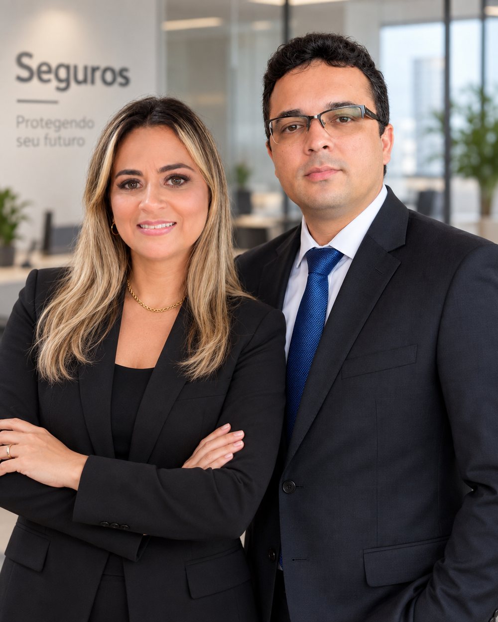 Ana Paula da Silva e Bruno de Oliveira, sócios-fundadores da BBA Corretora de Seguros, no escritório