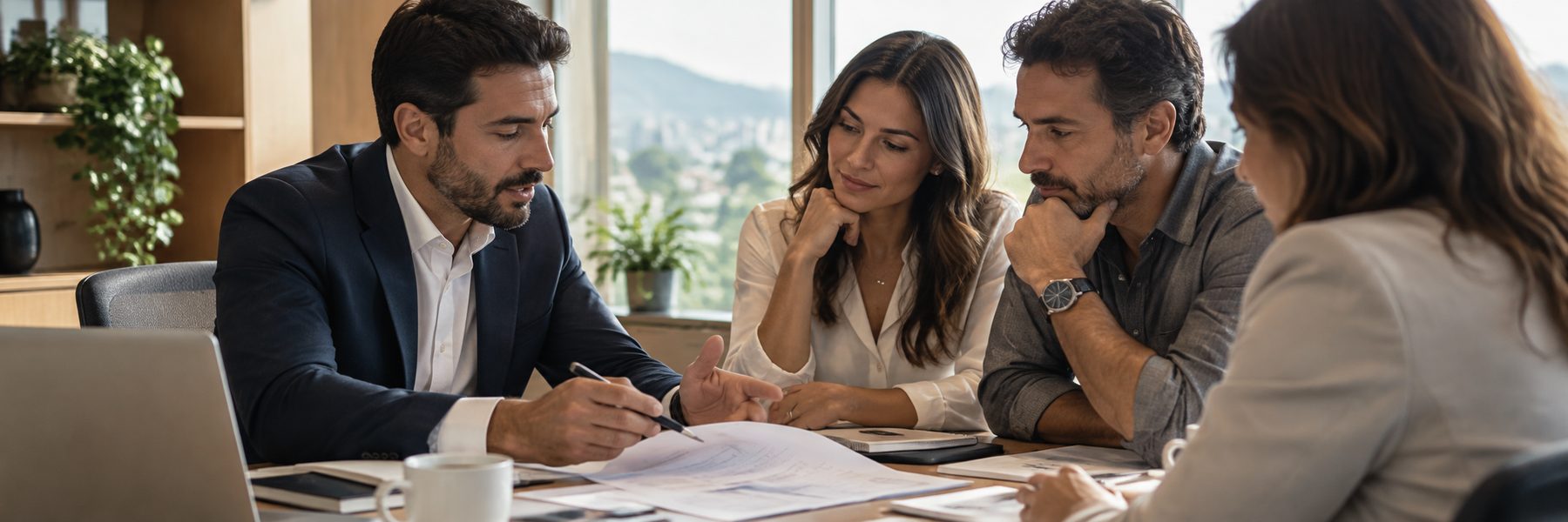 Corretor da BBA explicando a apólice a um casal de clientes, sobre a mesa de reunião